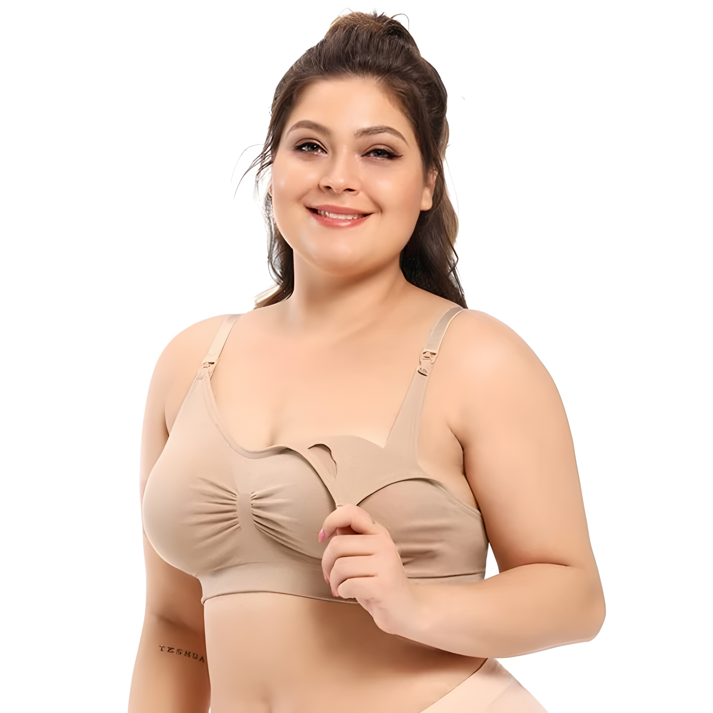 A mom wearing a beige maternity bra